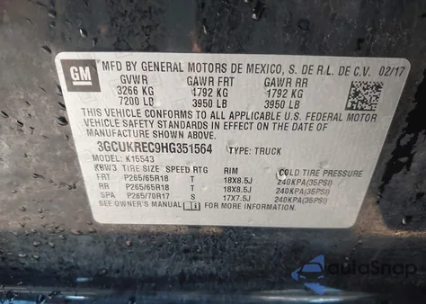 2017 Chevrolet Silverado 1500 2Lt из США, поврежденный, VIN 3GCUKREC9HG351564